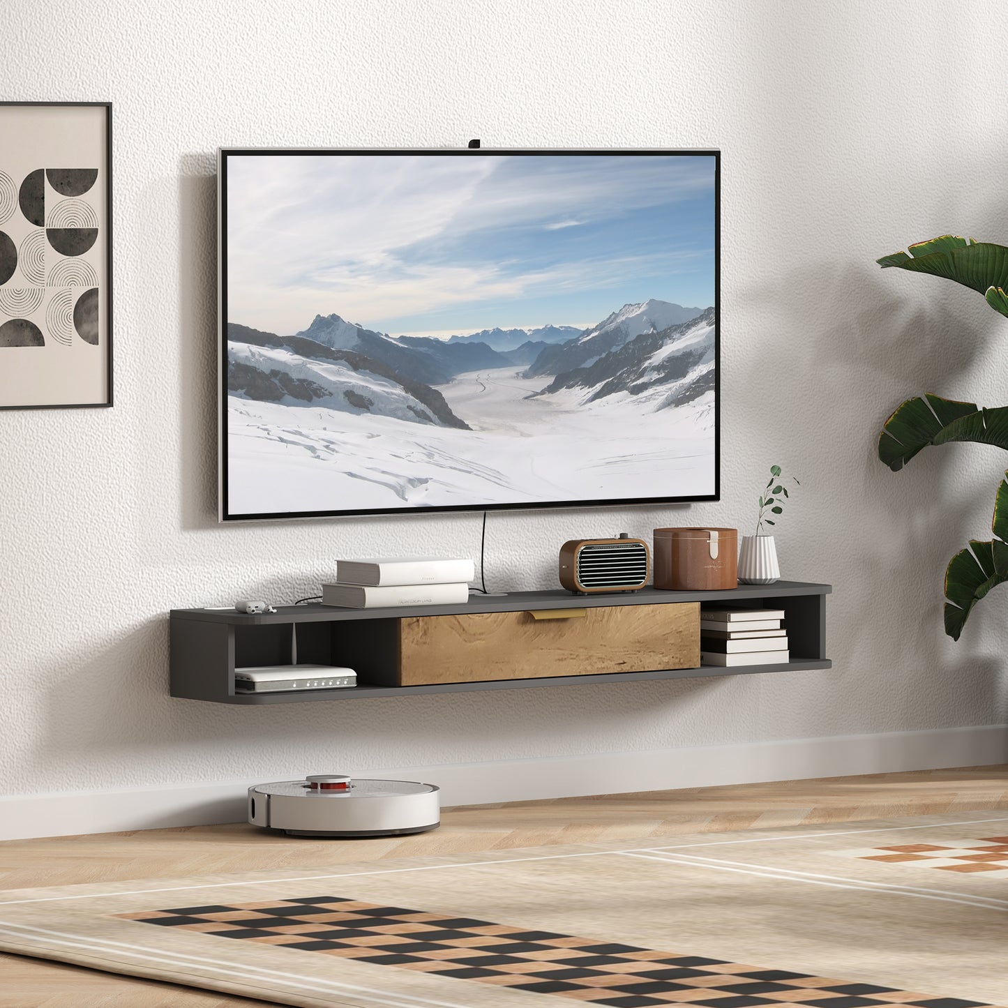 Homcom 140cm Floating Tv Stand With Storage Charcoal Wall Mounted Tv Cabinet Two Open Compartments And Cable Management