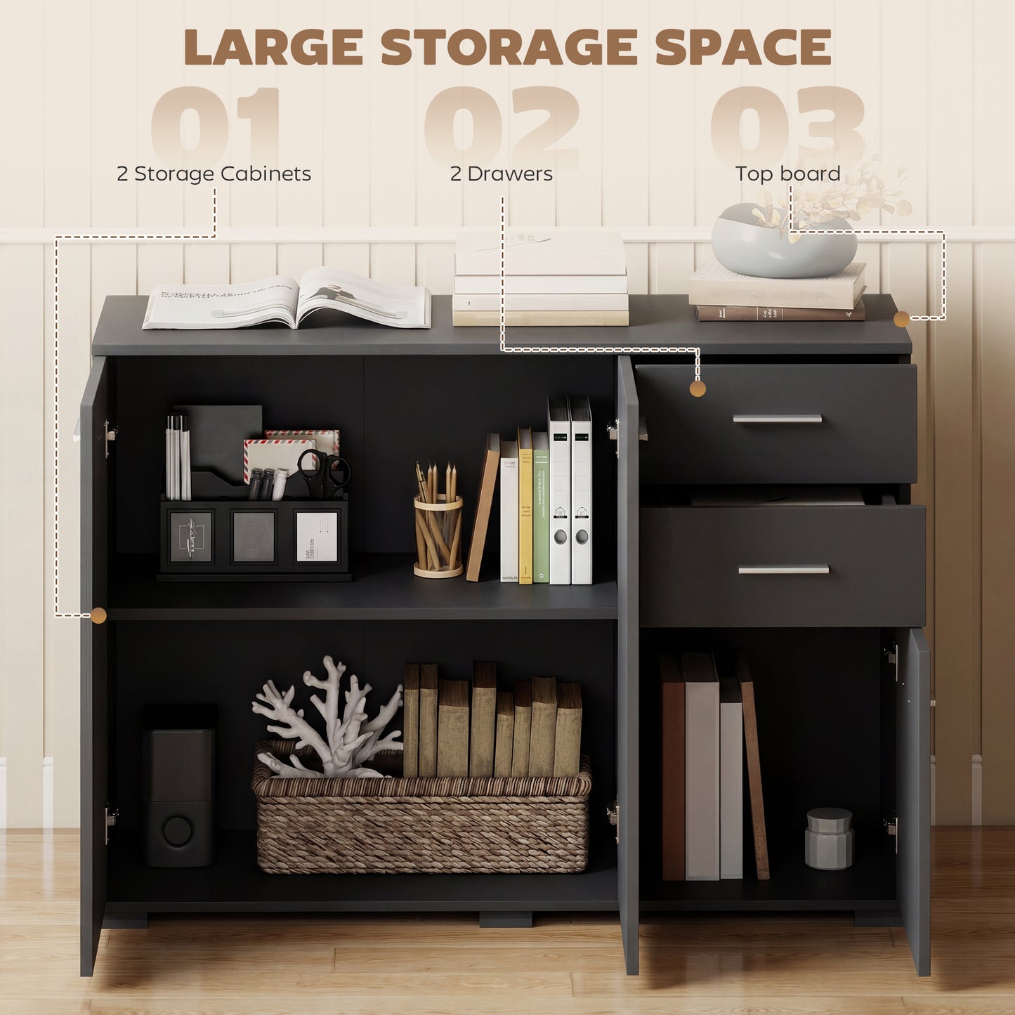 HOMCOM Modern Black Sideboard Storage Cabinet With 2 Drawers 3 Doors And Adjustable Shelves Flat Top
