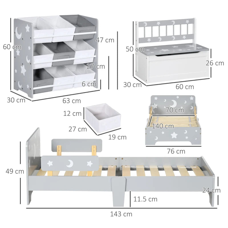 ZONEKIZ 3PCs Kids Bedroom Furniture Set - Bed, Toy Box Bench, Storage Unit with Baskets - Star and Moon Patterns - Ideal for 3-6 Years Old Boys and Girls - Grey - ALL4U RETAILER LTD