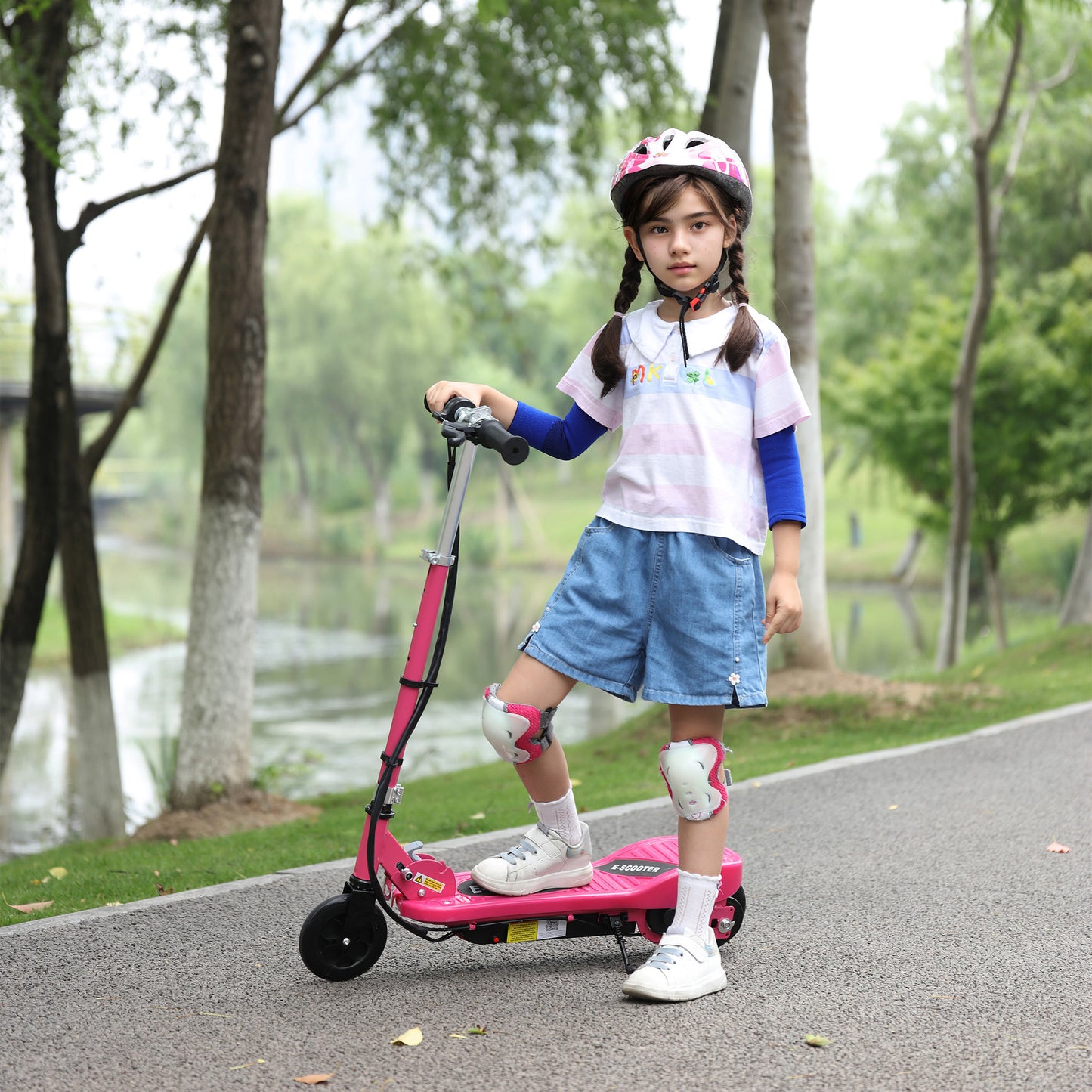 HOMCOM Pink Folding Electric Scooter for Kids Aged 7-14, Portable Ride-On