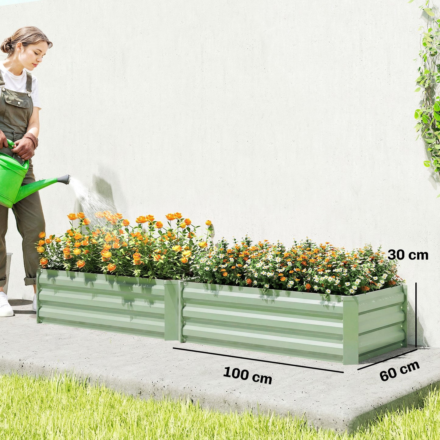 Outsunny Set Of Two 100 X 60cm Steel Planter Boxes Light Green For Outdoor Gardens Balconies And Raised Beds