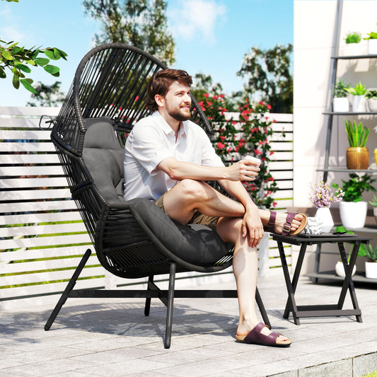 Outsunny Rattan Egg Chair Oversized Freestanding Garden Chair with Thick Tufted Cushion and Headrest Charcoal Grey