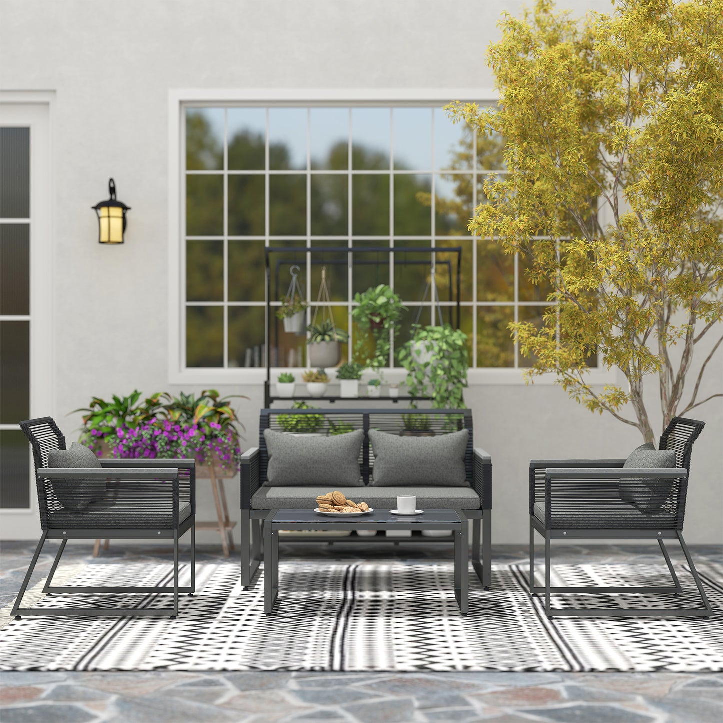 Outsunny Four Piece Rattan Garden Furniture Set Charcoal Grey Outdoor Patio With Coffee Table Wood Top