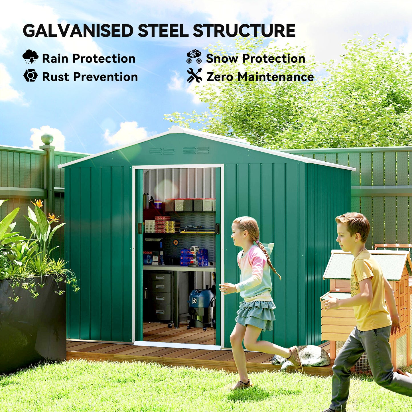 Outsunny 8 By 6 Feet Galvanised Steel Shed With Double Doors Green Garden Storage