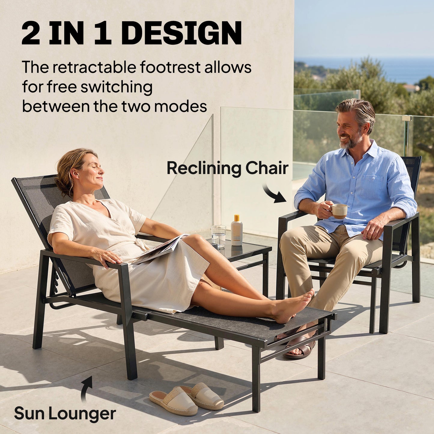 Outsunny Sun Lounger with Retractable Footrest 5 Position Adjustable Steel Frame for Beach Porch Patio Camping Black