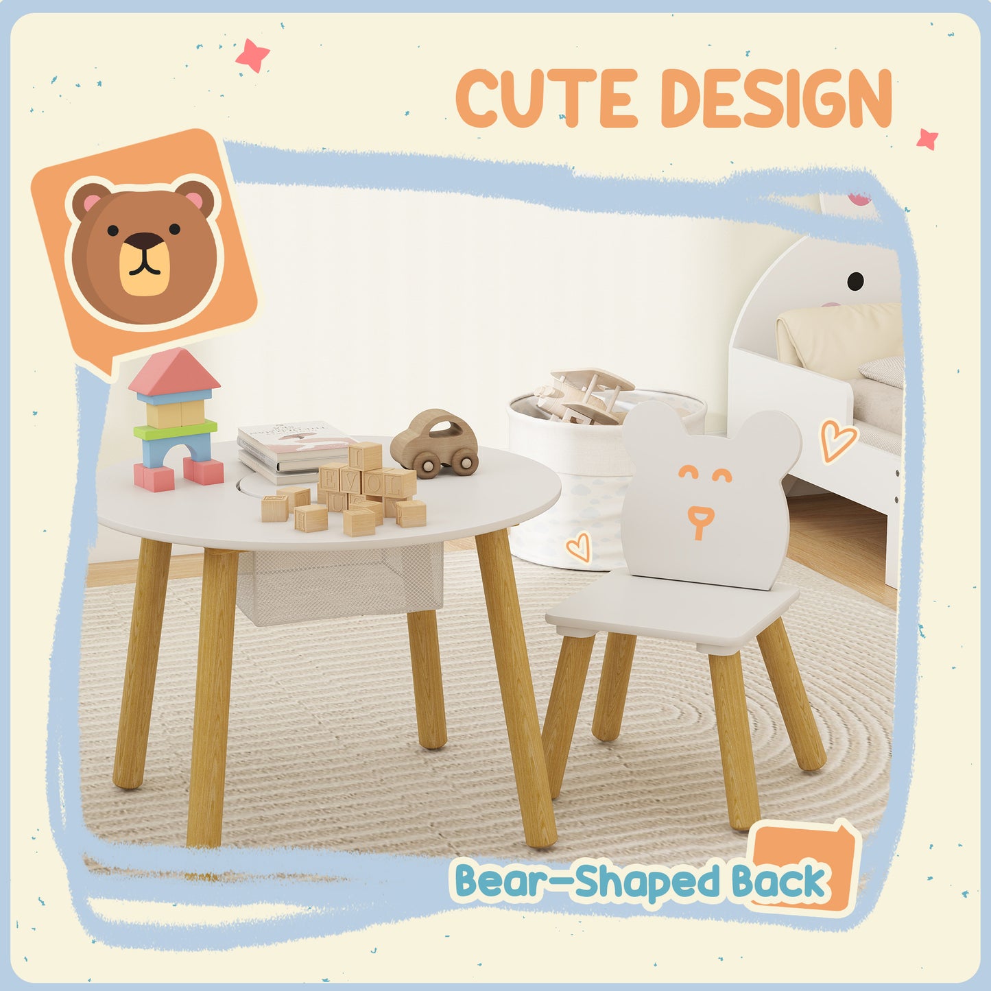 AIYAPLAY 3 Piece Kids Table And Chair Set With Mesh Bag Bear Shaped Backrest For Arts And Crafts And Reading White