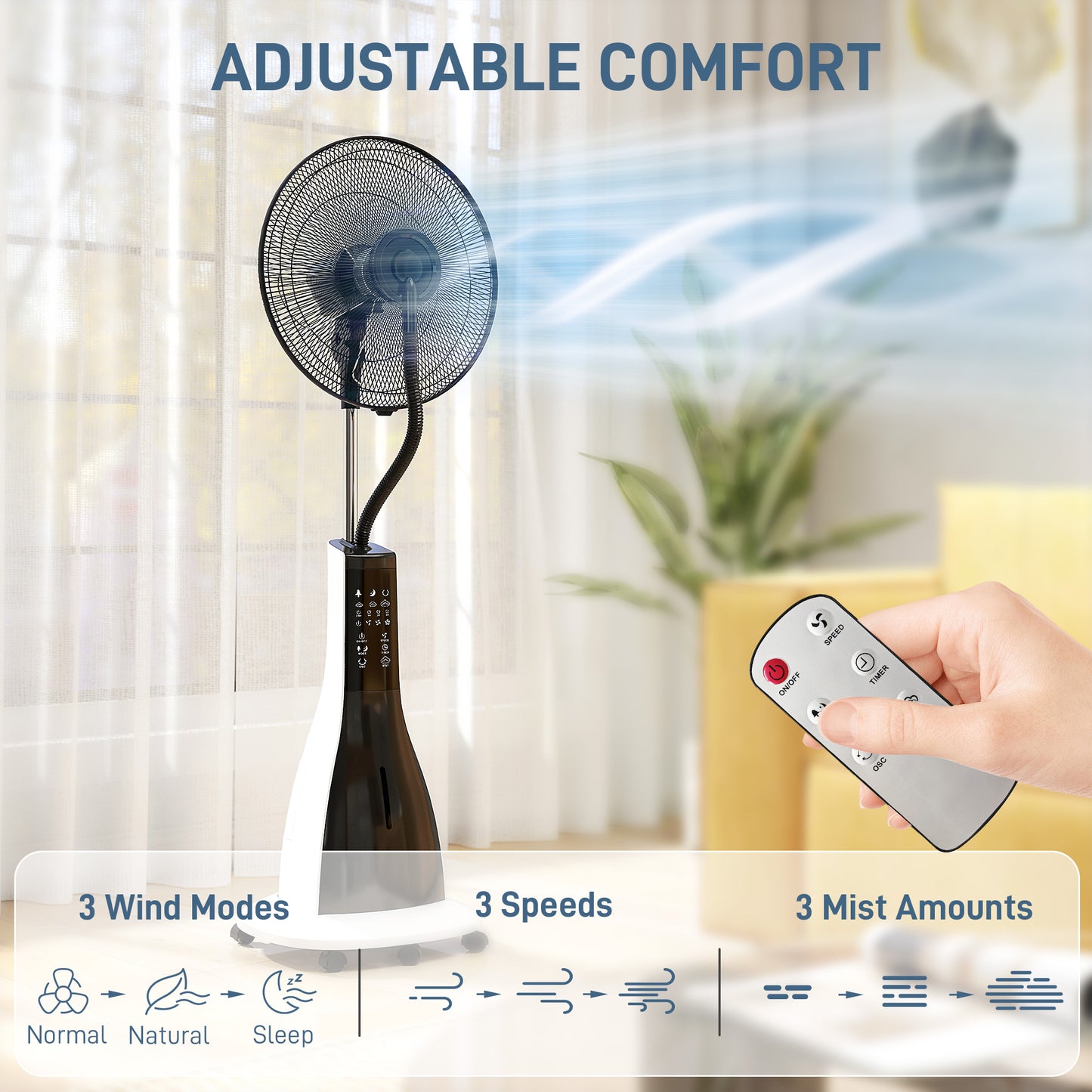 HOMCOM Pedestal Misting Fan With Water Spray Remote 75 Degree Oscillation 3 Speeds 3 Modes 3 Mist Levels 3L Tank Wheels