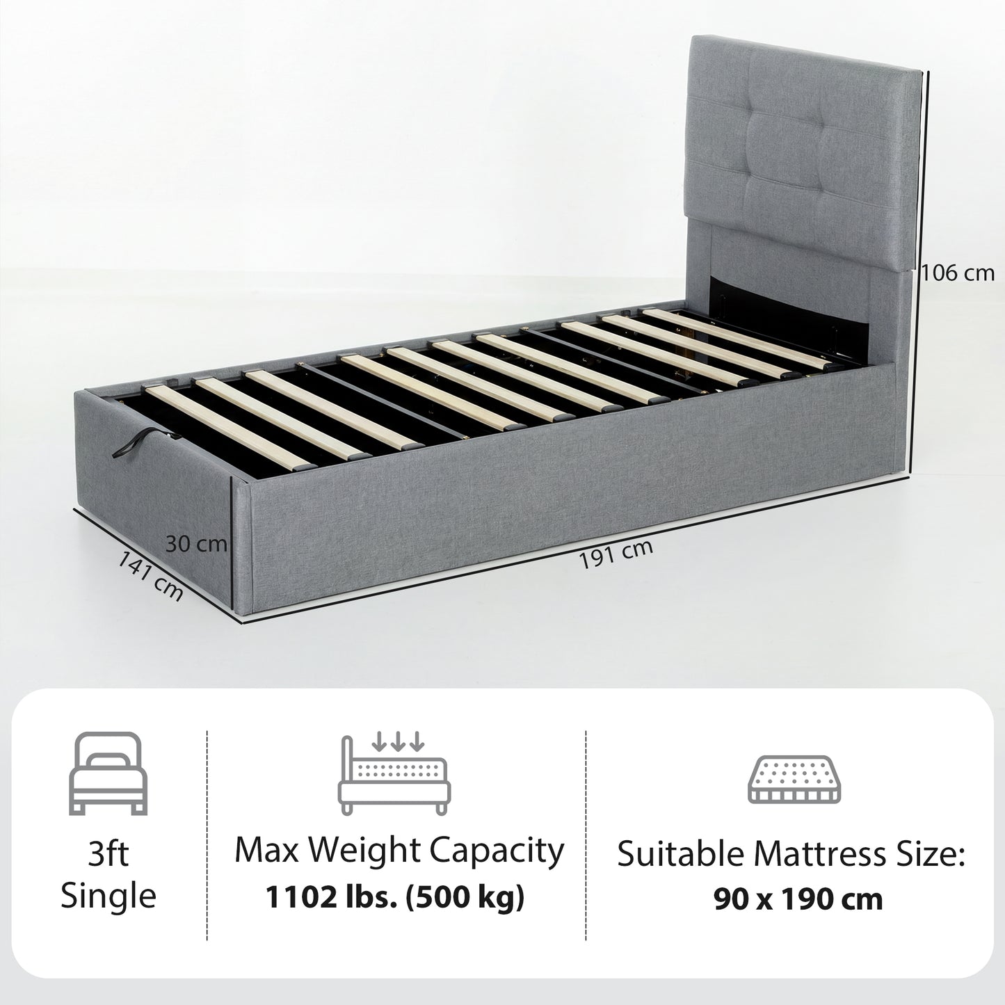 HOMCOM 3Ft Single Ottoman Bed With Gas Lift Storage Grey Upholstered Bed Frame For Small Rooms