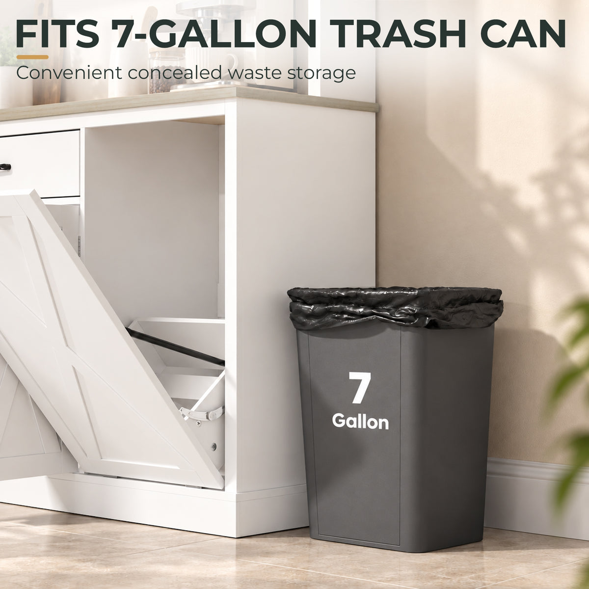 White cabinet with concealed trash compartment and front door, holding a dark trash bin