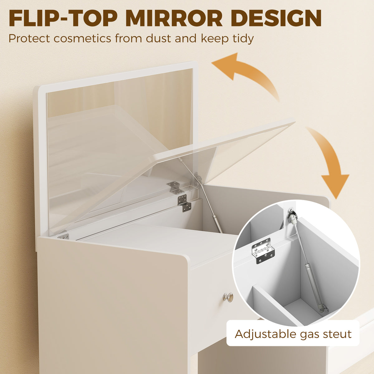 White vanity desk with flip-up mirror lid and adjustable gas strut support