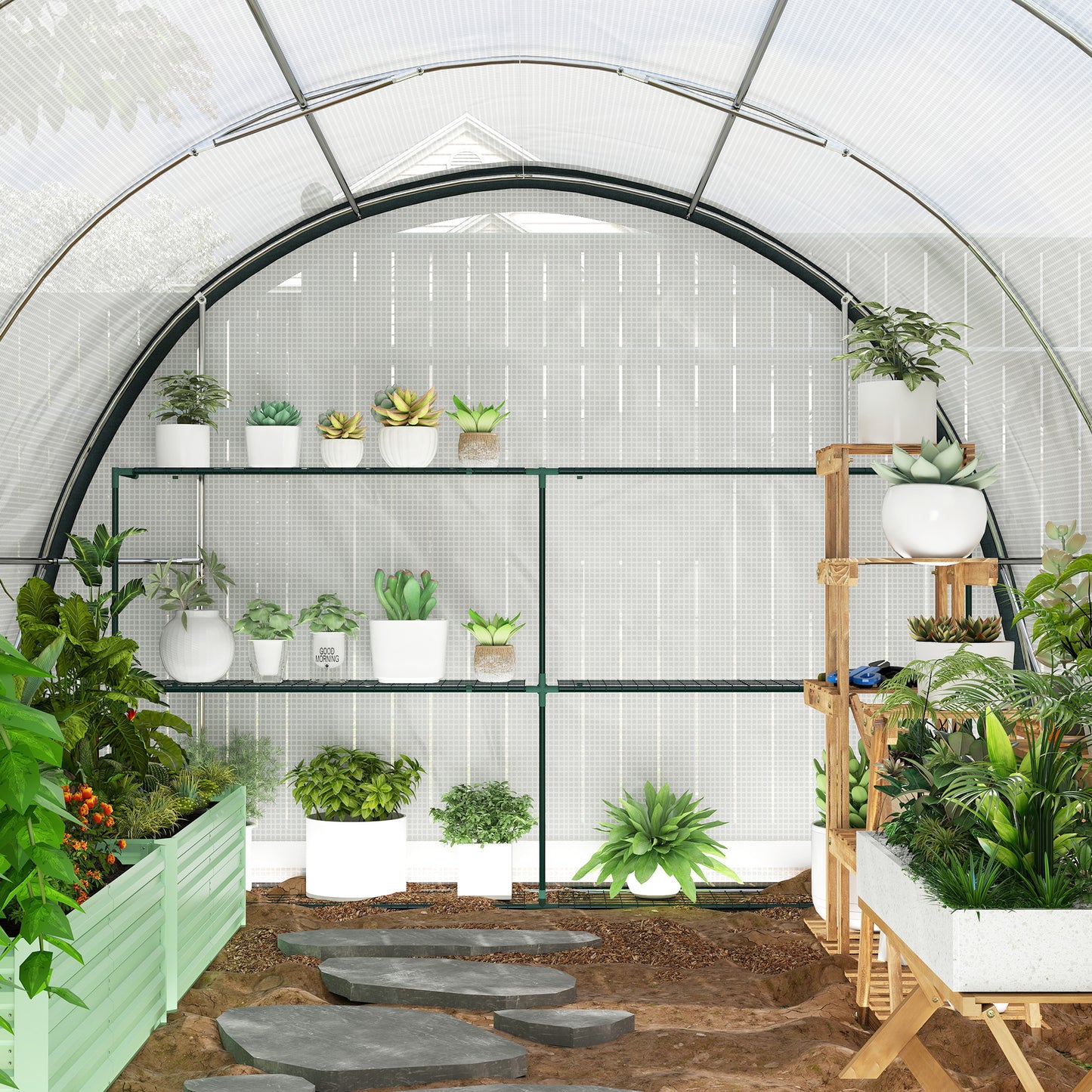 Outsunny 4x3m Walk In Polytunnel Greenhouse With Accessories Galvanized Steel Frame Two Layer Mesh Cover White