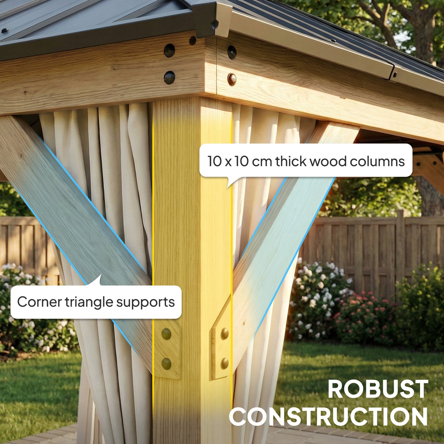 Outsunny 3 x 3 m Outdoor Hardtop Gazebo Canopy With Curtains And 2 Tier Steel Roof Wood Garden Gazebo Light Grey