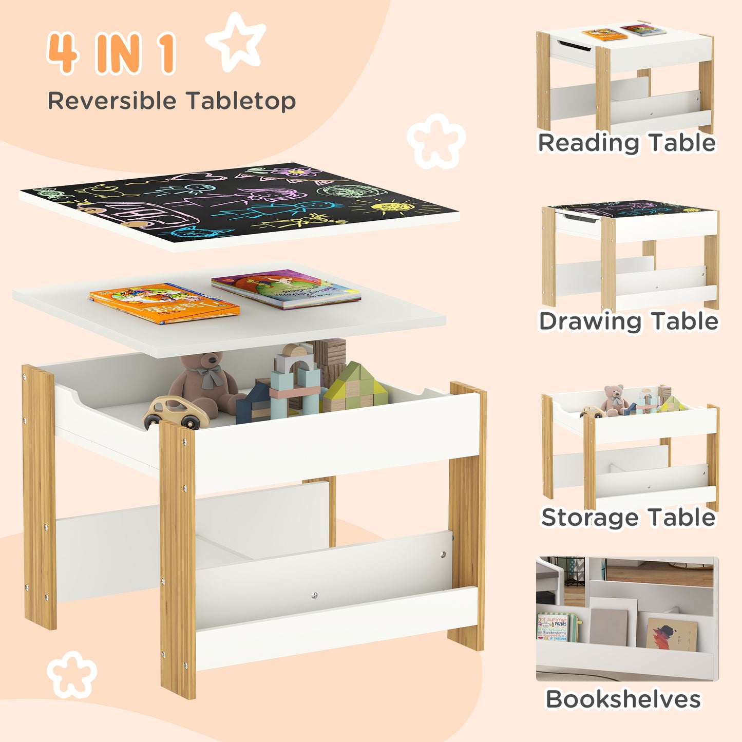 HOMCOM Three Piece Kids Table And Chair Set With Blackboard, Storage, And Bookshelves In Natural Wood