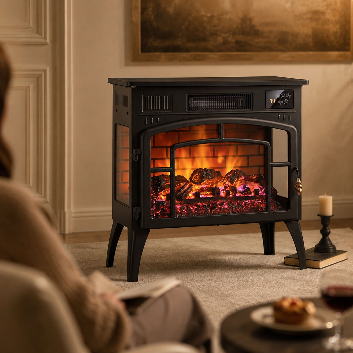 Black electric fireplace stove with front and side glass windows, glowing log fire