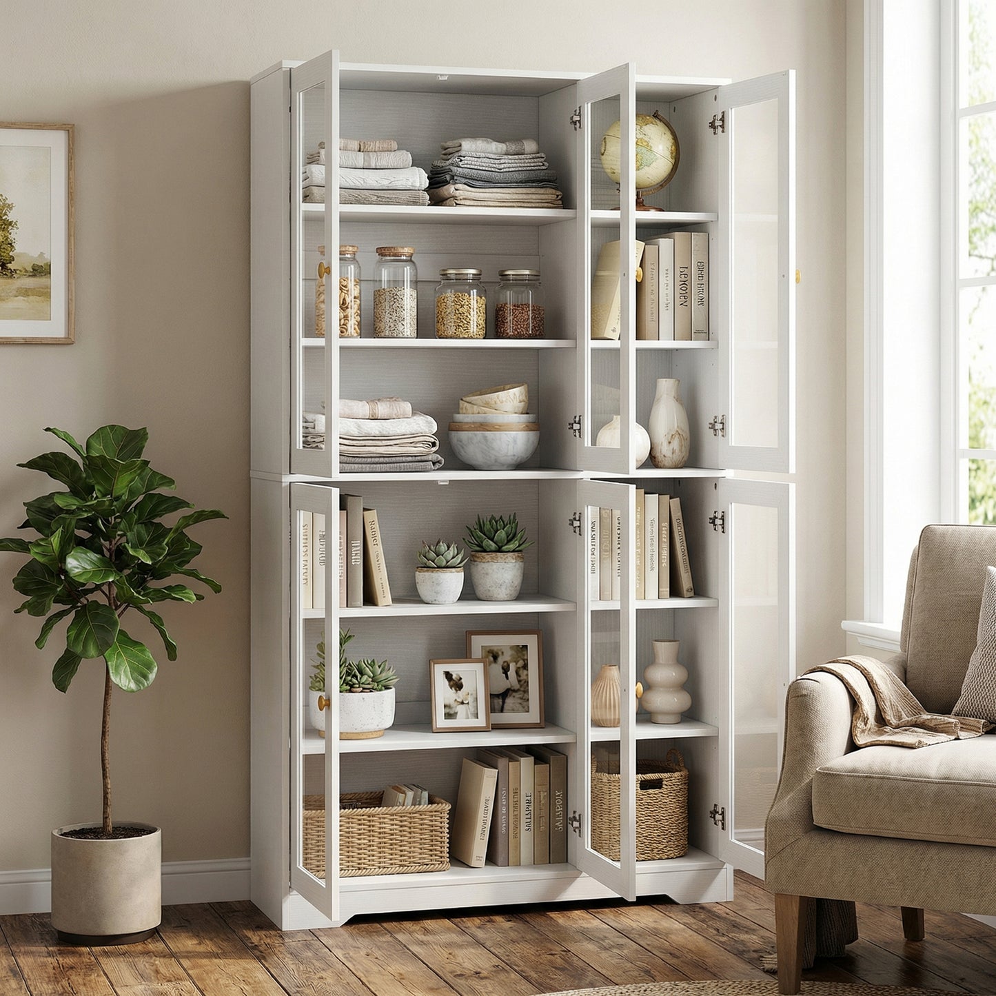 HOMCOM Glass Door Kitchen Cabinet With Multi Storage White Wood Effect For Living Room Display And Storage