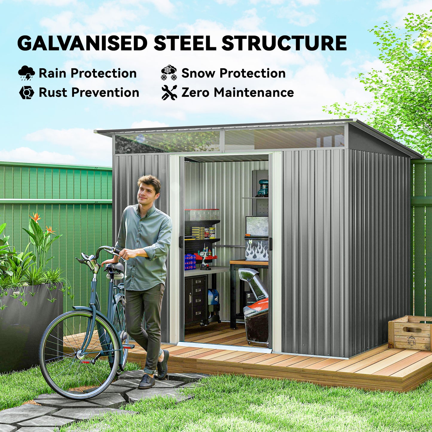 Outsunny 9ft x 6.5ft Garden Storage Shed With Top Window Metal Outdoor Tool House Double Doors Light Grey