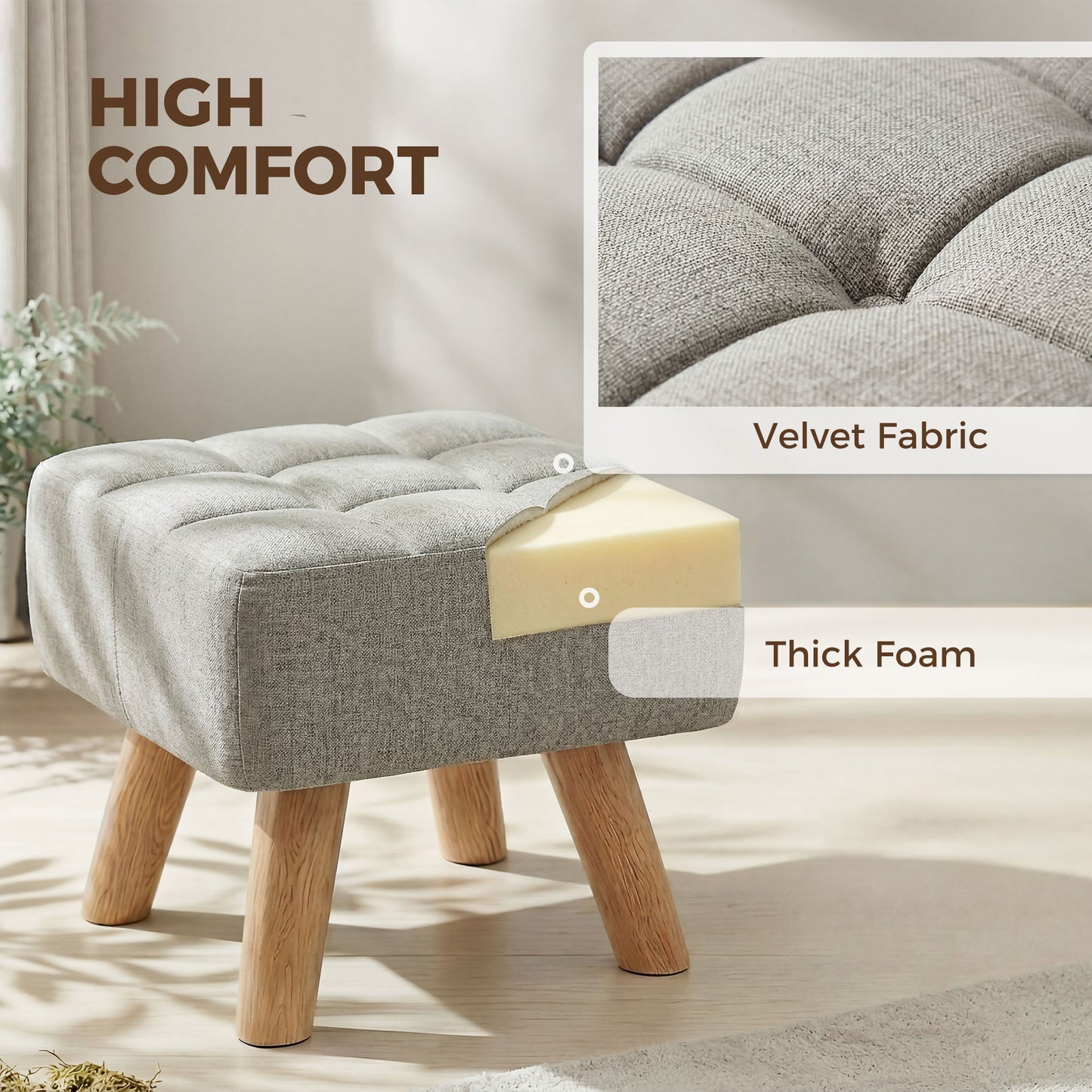 HOMCOM Linen Look Square Padded Footstool With Tufted Top And Wooden Legs Light Brown