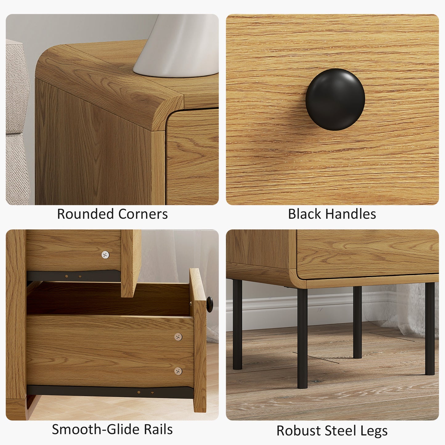 HOMCOM Bedside Table With 2 Drawers And Durable Steel Legs In Oak Finish For Modern Bedroom Storage And Organization