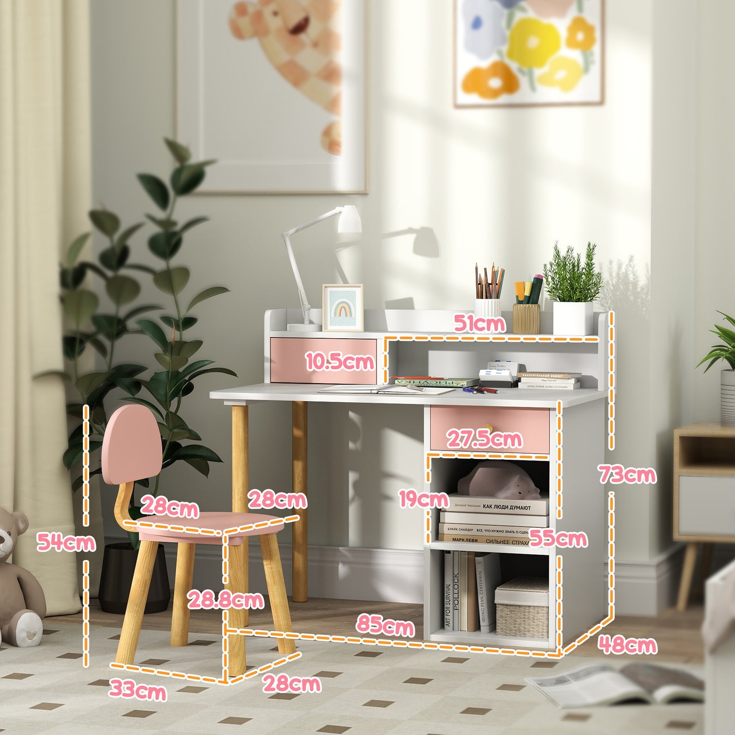 AIYAPLAY Pink 2 Piece Kids Desk With Hutch And Chair Set Storage Drawers Shelves For Ages 3 To 8