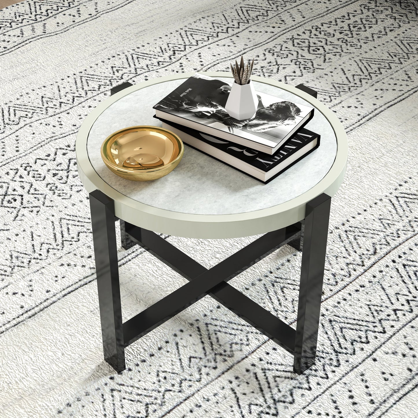 Outsunny Round Garden Table 60cm Outdoor Side Table With Faux Marble Tempered Glass Top Aluminium Frame Light Grey