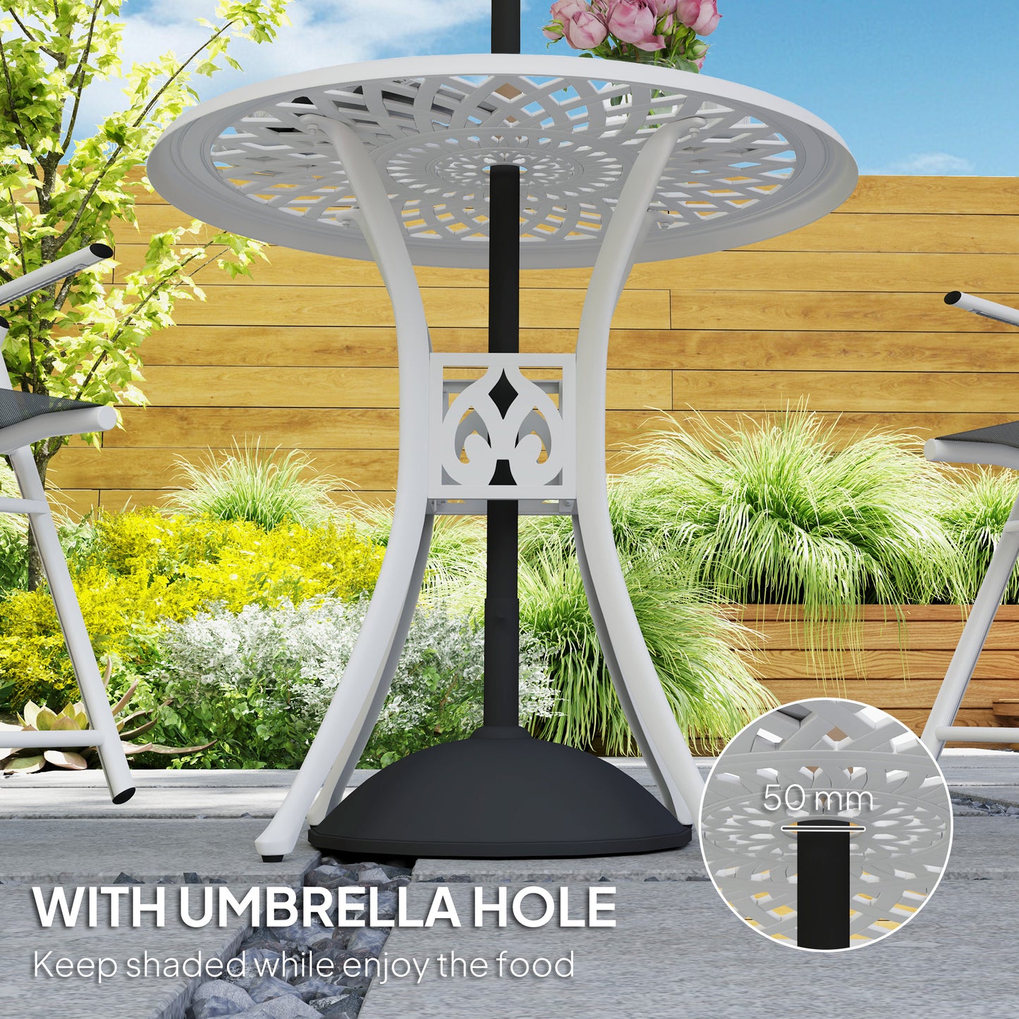 Outsunny 78 cm Round Garden Dining Table With Parasol Hole Cast Aluminium White Outdoor Table Only