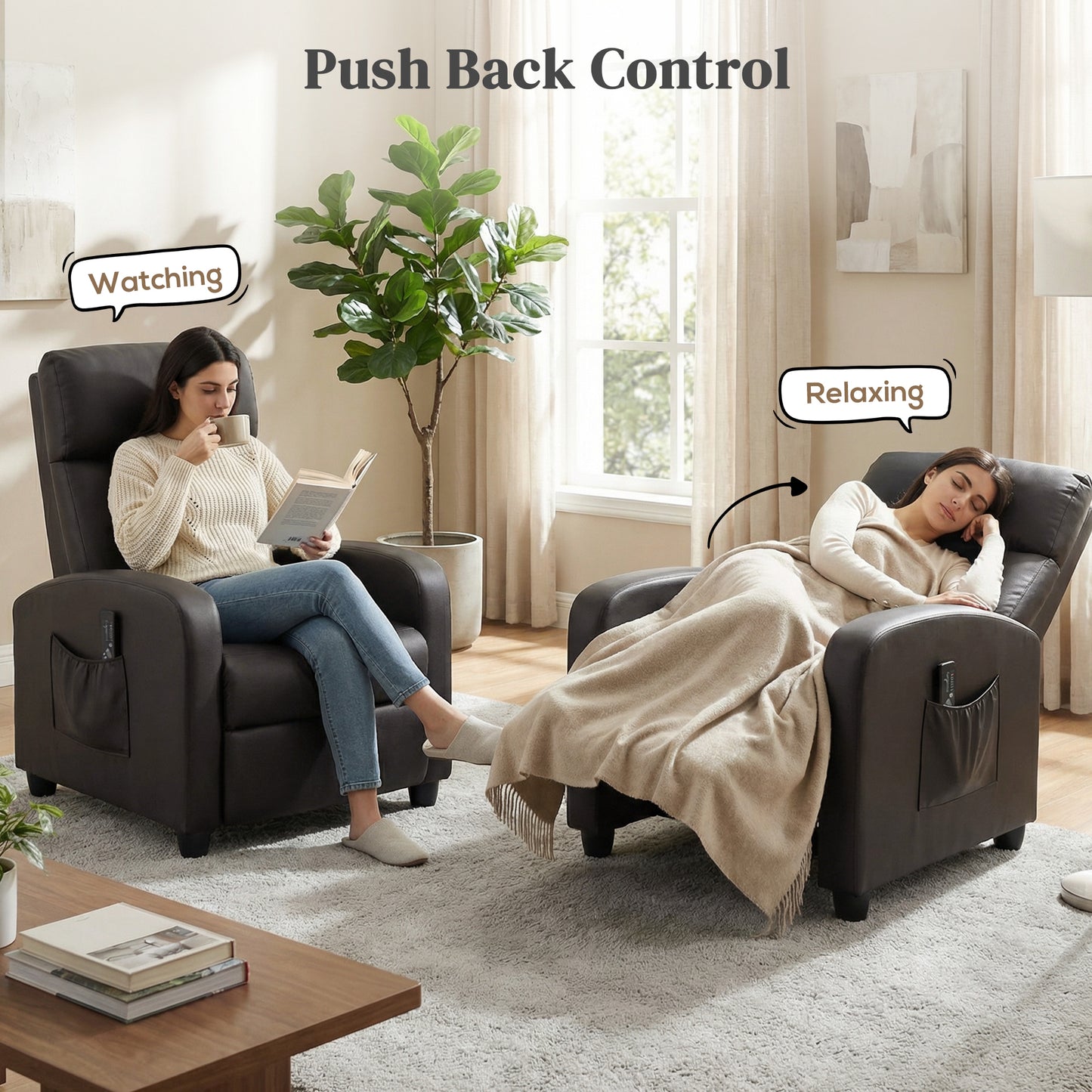 HOMCOM Massage Recliner Armchair Faux Leather Push Back Chair With Adjustable Leg Rest And Side Pocket Brown