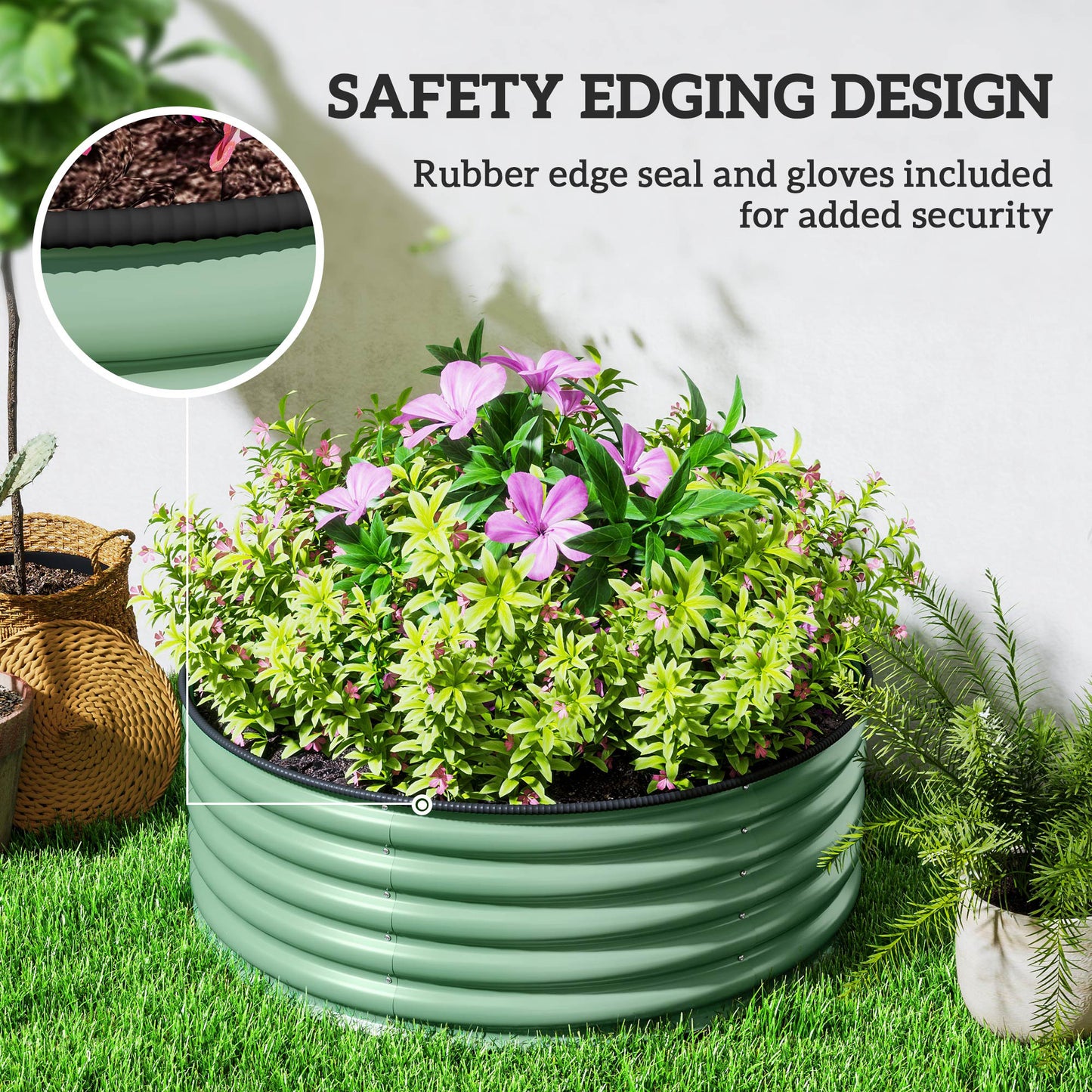 Outsunny Galvanised Raised Garden Bed Safety Edging Outdoor Planter Box 120 x 120 x 43cm Light Green Gloves Included