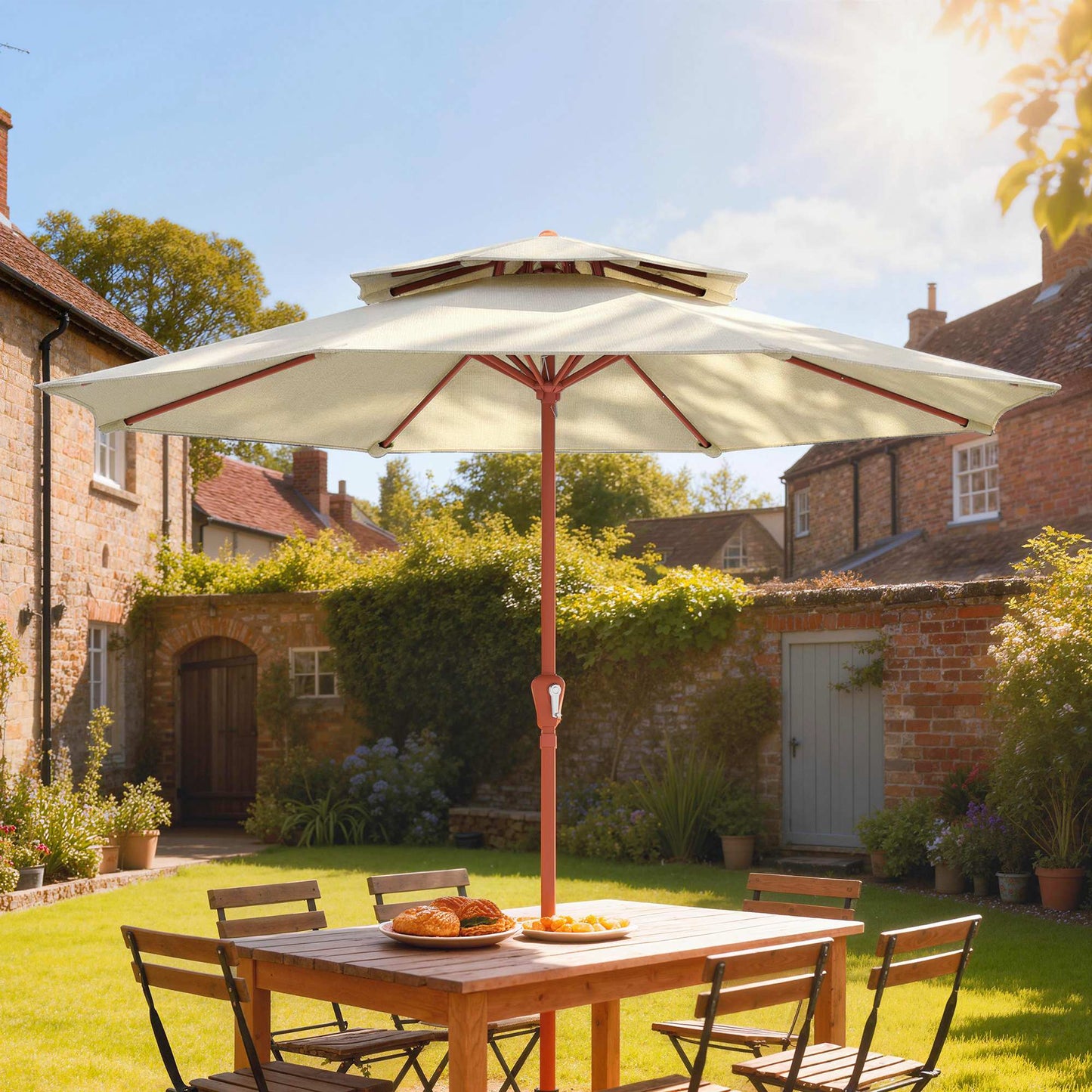 Outsunny 2.7m Garden Parasol With Double Top Canopy And Crank System Outdoor Market Table Umbrella Cream White