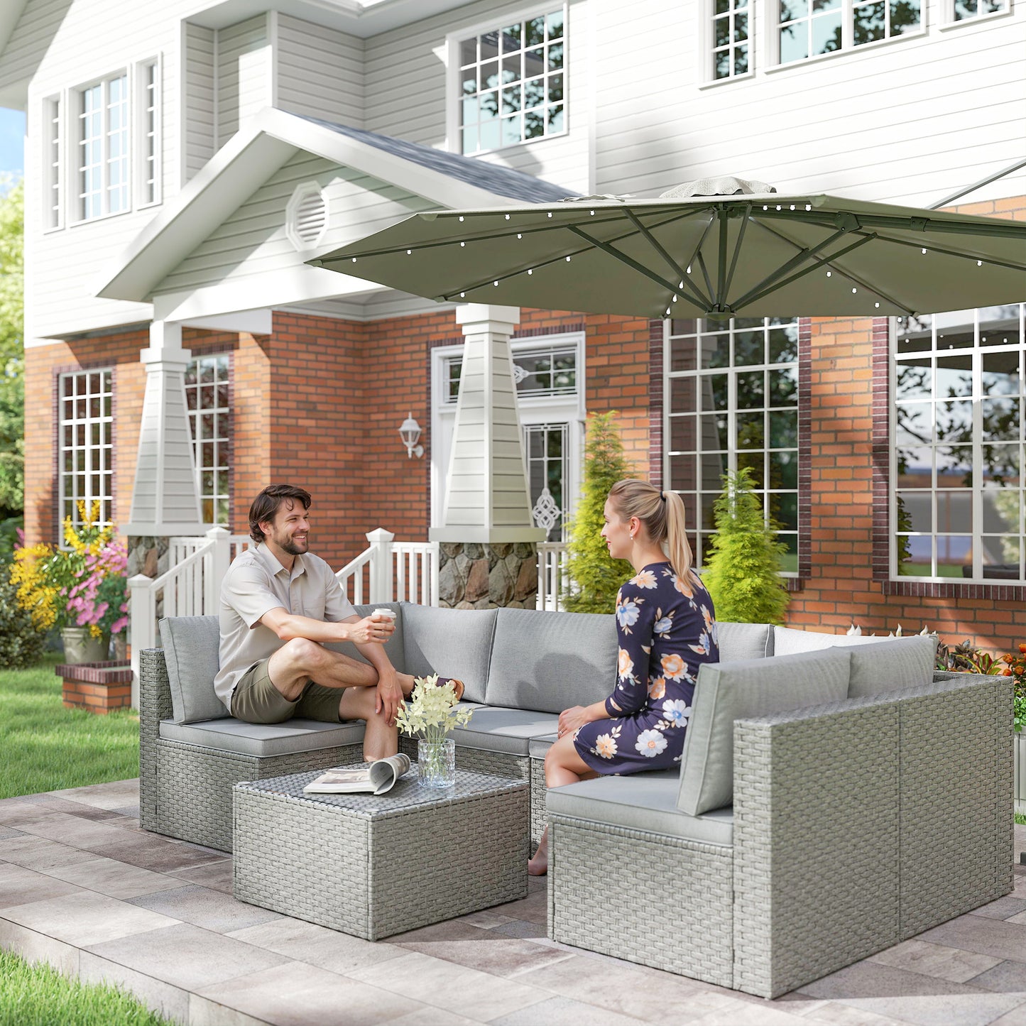 Outsunny Seven Piece Modular Rattan Set Grey For Outdoor Garden Balcony With Corner Chairs And Table Steel Frame