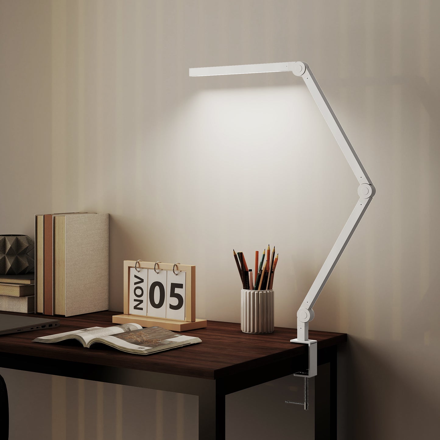 HOMCOM LED Desk Lamp With Clamp And Swing Arm Dimmable Eye Caring Table Lamp 2 Color Modes And 5 Brightness Levels