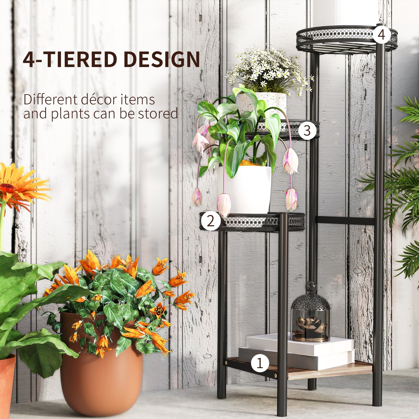 Outsunny Four Tier Steel Plant Stand Black Indoor Outdoor Rust Resistant With Three Planter Trays