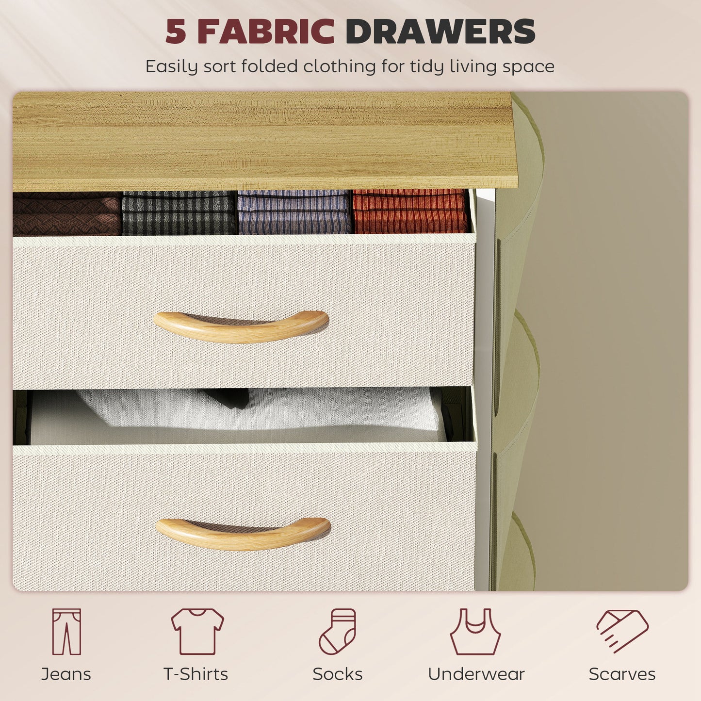 HOMCOM Five Fabric Drawer Chest Beige With Steel Frame And X Bar Support For Bedroom Storage