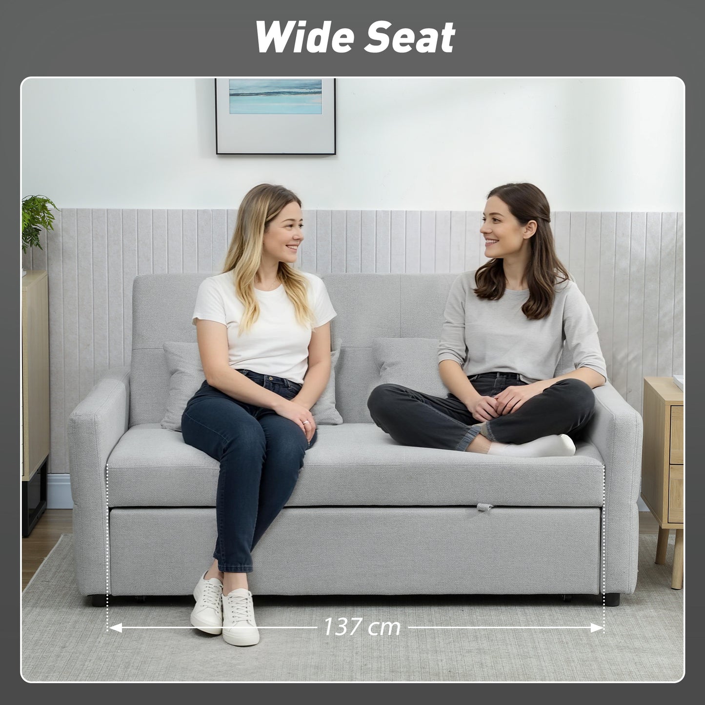 HOMCOM Three Way Two Seater Sofa Bed Light Grey Three In One Compact Linen Look Upholstered Sofa