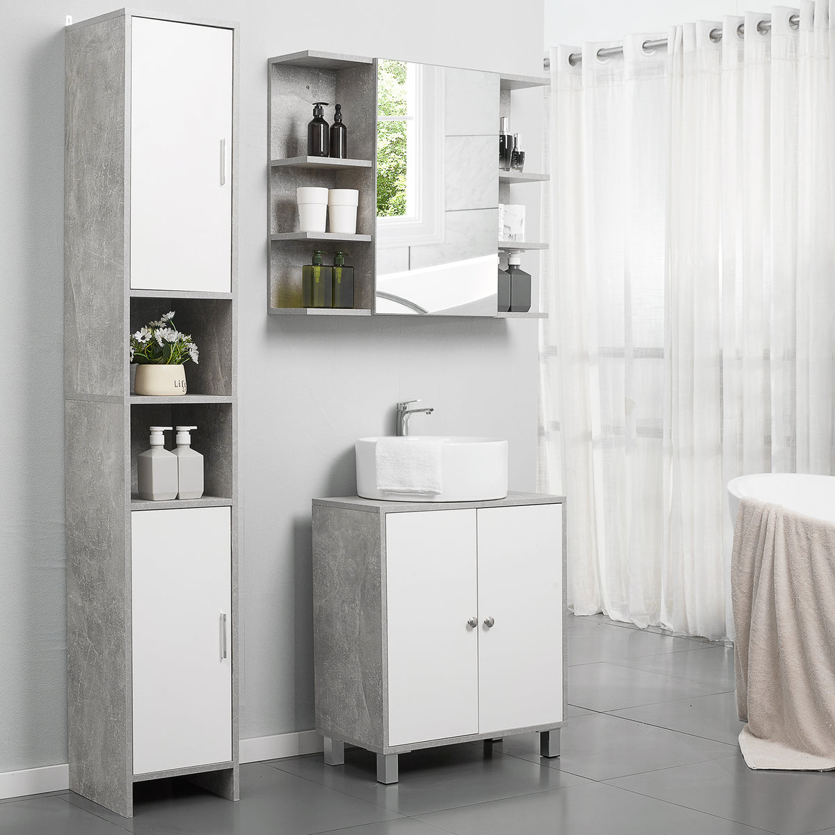 Freestanding tall bathroom storage cabinet with grey body, white doors, and open shelves