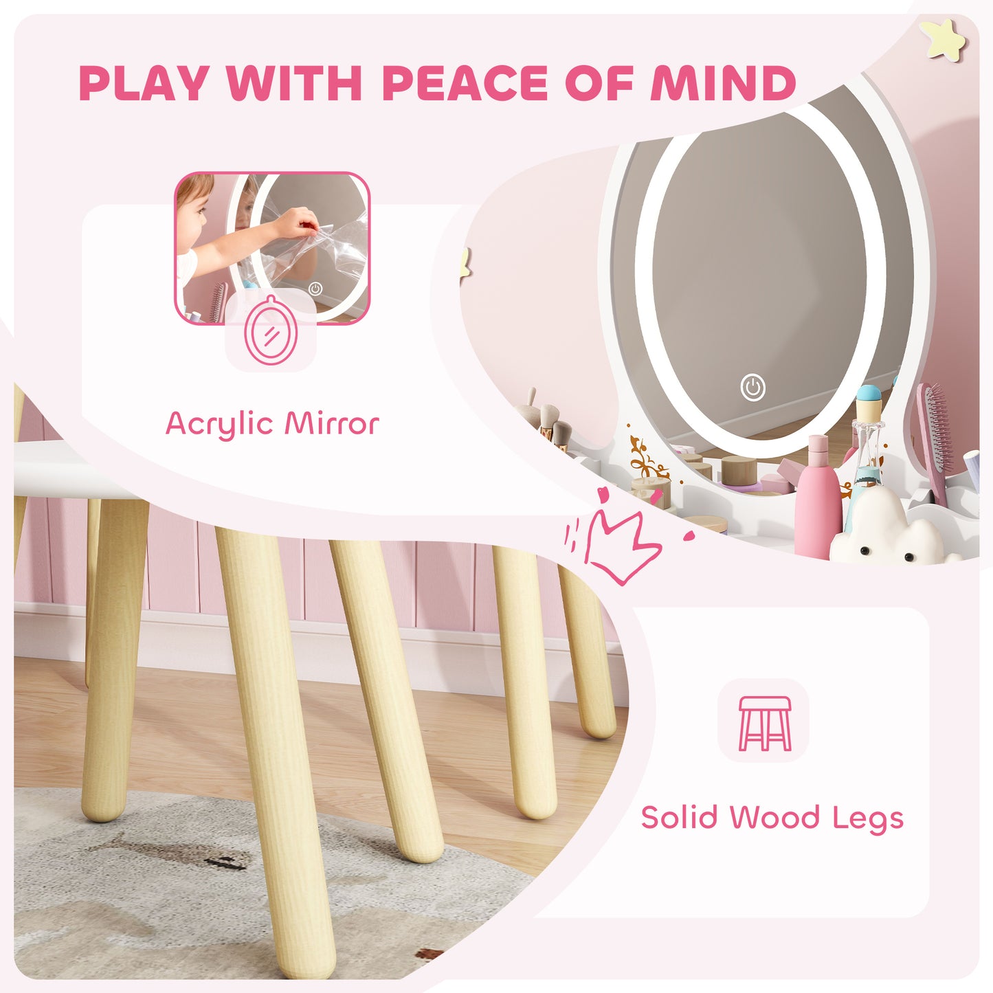 AIYAPLAY Kids Vanity Table And Chair Set With 3 Color LED Lights Mirror And Storage Drawers For Ages 3 And Up White