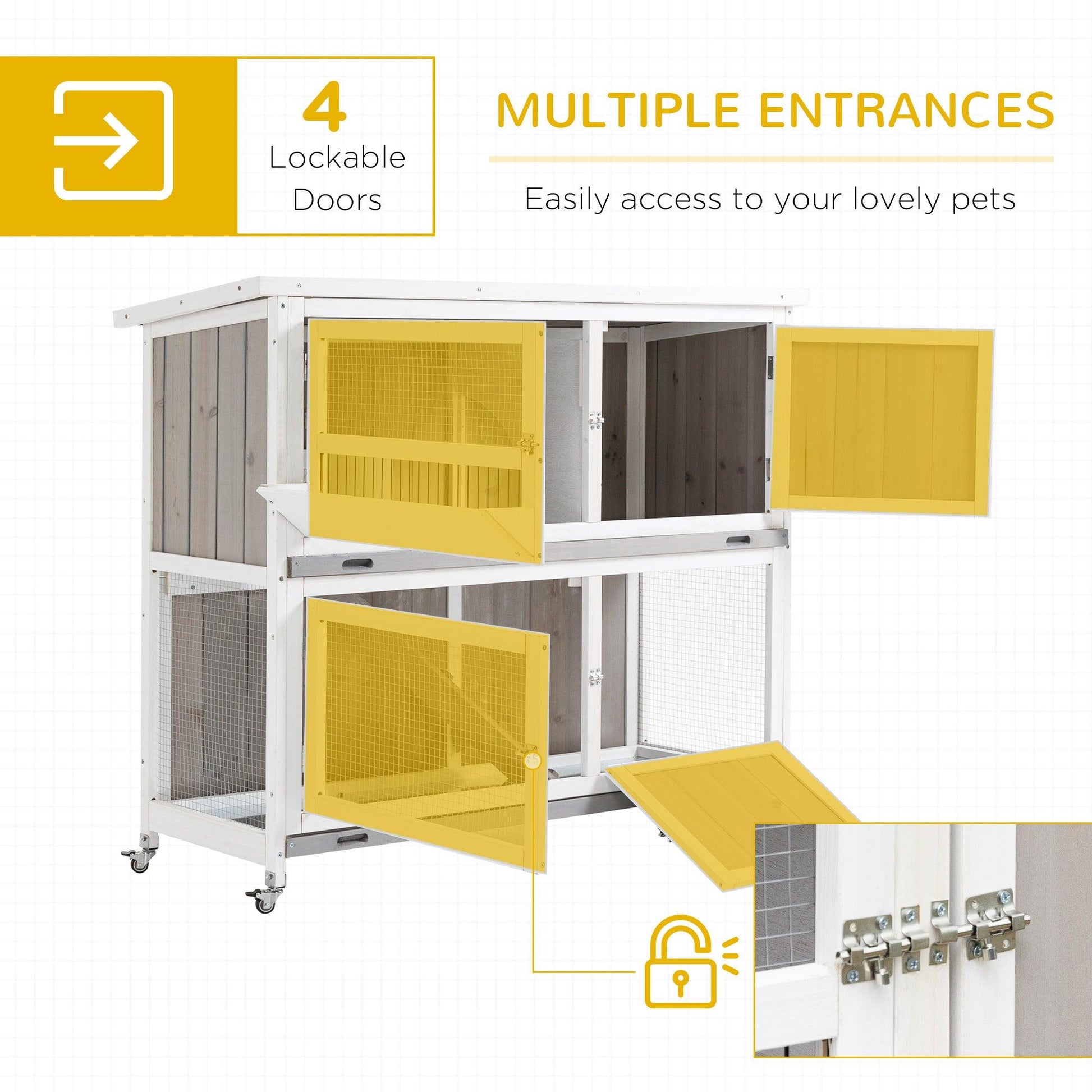 PawHut Wooden Rabbit Hutch & Guinea Pig Cage w/ Rain Cover, Wheels, Slide-Out Tray - Grey - ALL4U RETAILER LTD