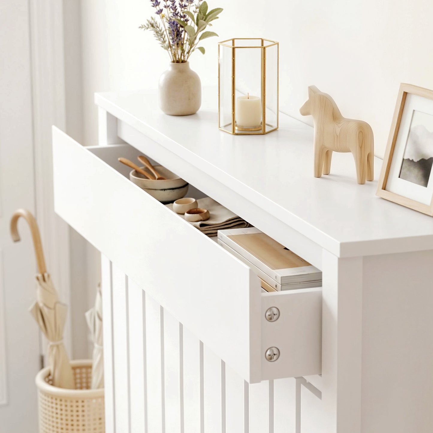 HOMCOM 93 x 88.5cm Rustic White Radiator Cover MDF Slatted Slim Design for Safe Heating