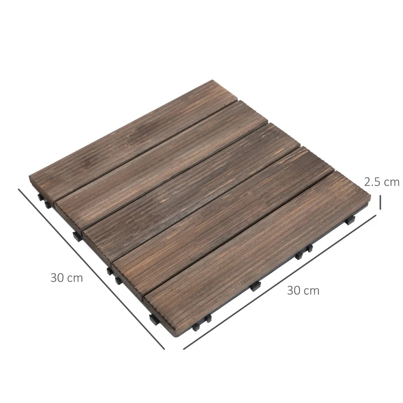 Outsunny 27 Pcs Interlocking Decking Tiles - Solid Wood for Patio, Balcony, Roof Terrace, Hot Tub - Black (30 x 30 cm Per Piece) - ALL4U RETAILER LTD