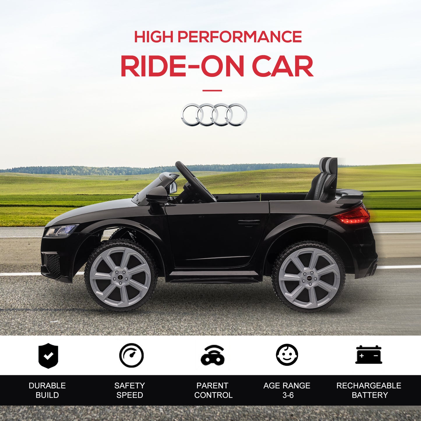 HOMCOM Audi TT RS 12V Kids Electric Ride-On Car with Remote Control, Lights, Horn, and MP3 Player - Black - ALL4U RETAILER LTD