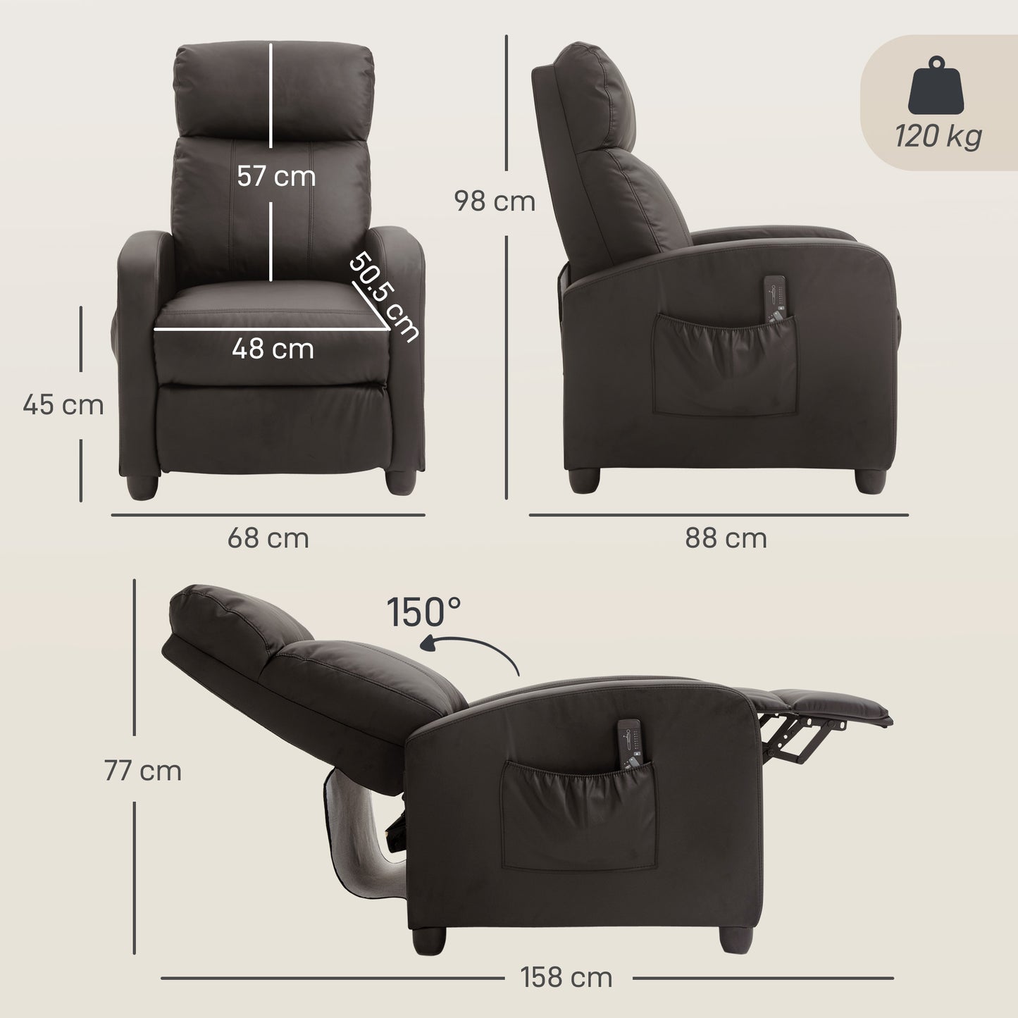 HOMCOM Massage Recliner Armchair Faux Leather Push Back Chair With Adjustable Leg Rest And Side Pocket Brown