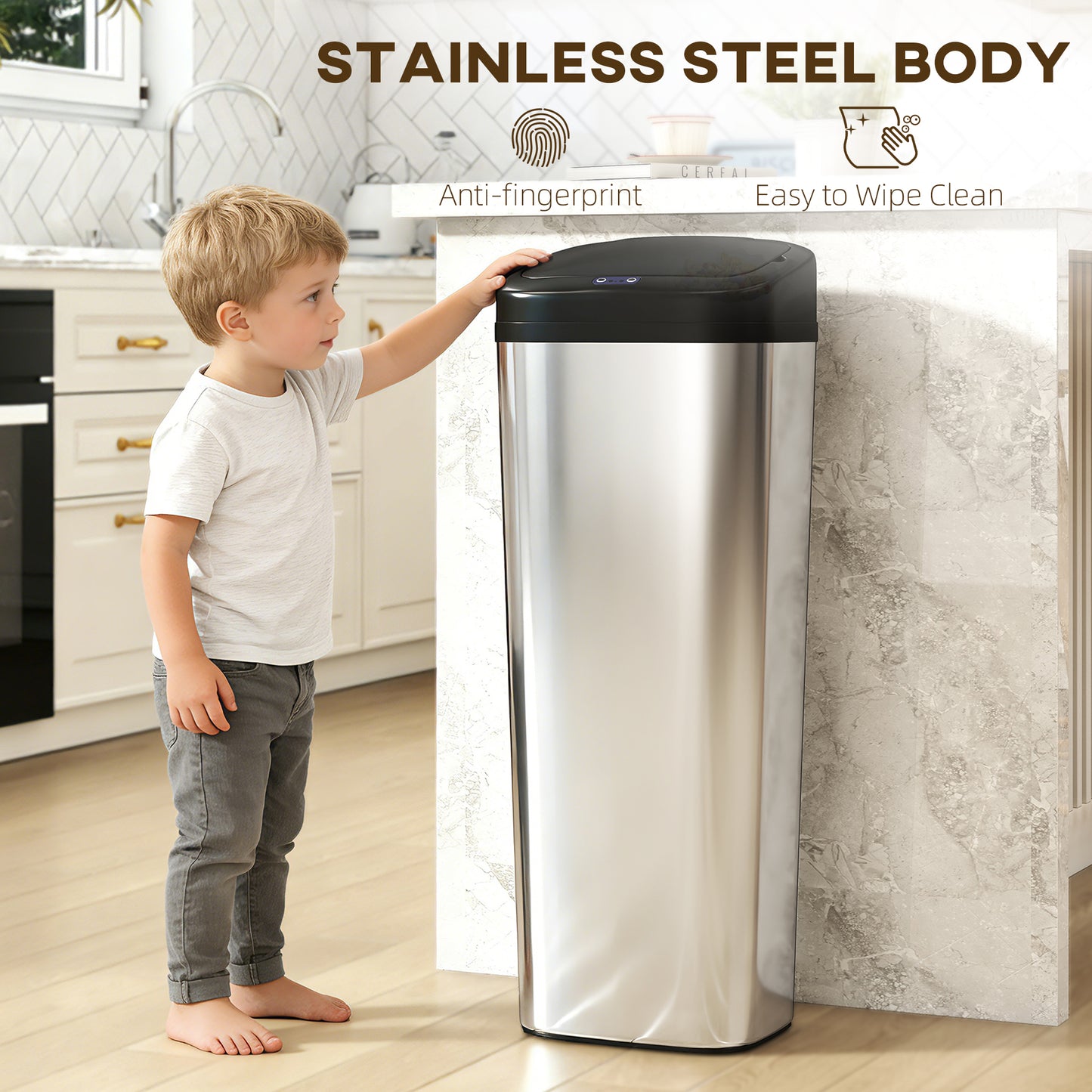HOMCOM 50L Stainless Steel Sensor Bin With Slim Design And Silver Tone Finish For Easy Bag Changes
