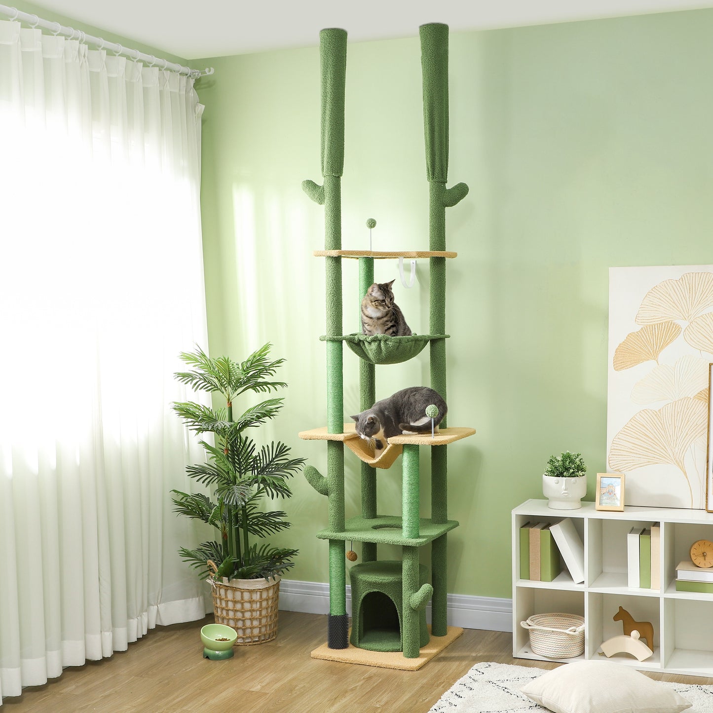 PawHut Adjustable Green Cat Tower: Floor to Ceiling Cat Tree with Hammocks & Scratching Posts for Indoor Use