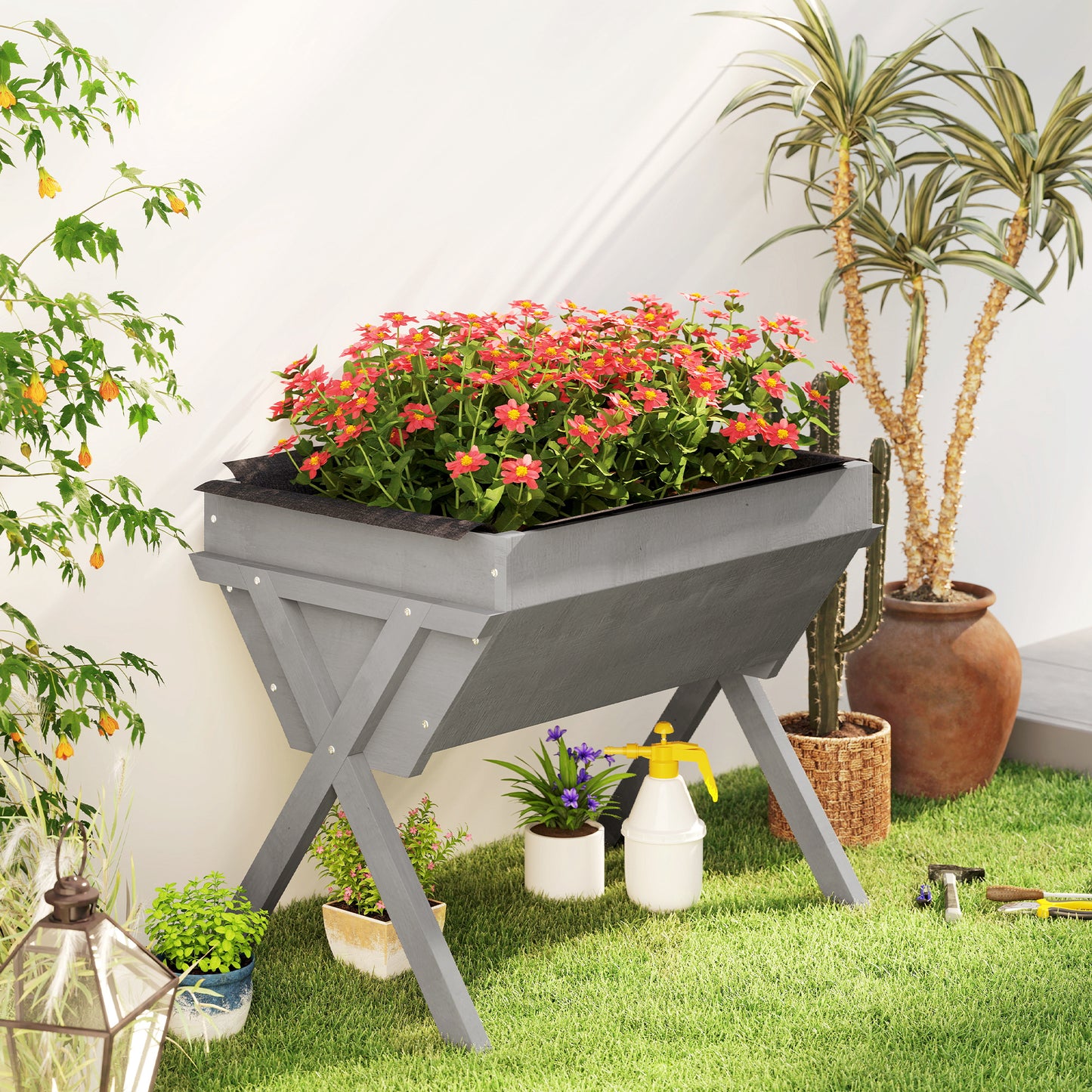 Outsunny Wooden Raised Garden Bed With Liner Bag And Legs Light Grey 29 X 91 Cm