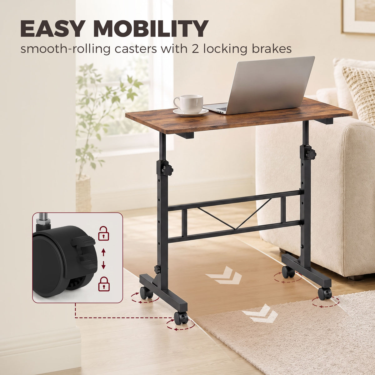 Overbed table on smooth-rolling casters with 2 locking brakes and dark wood surface