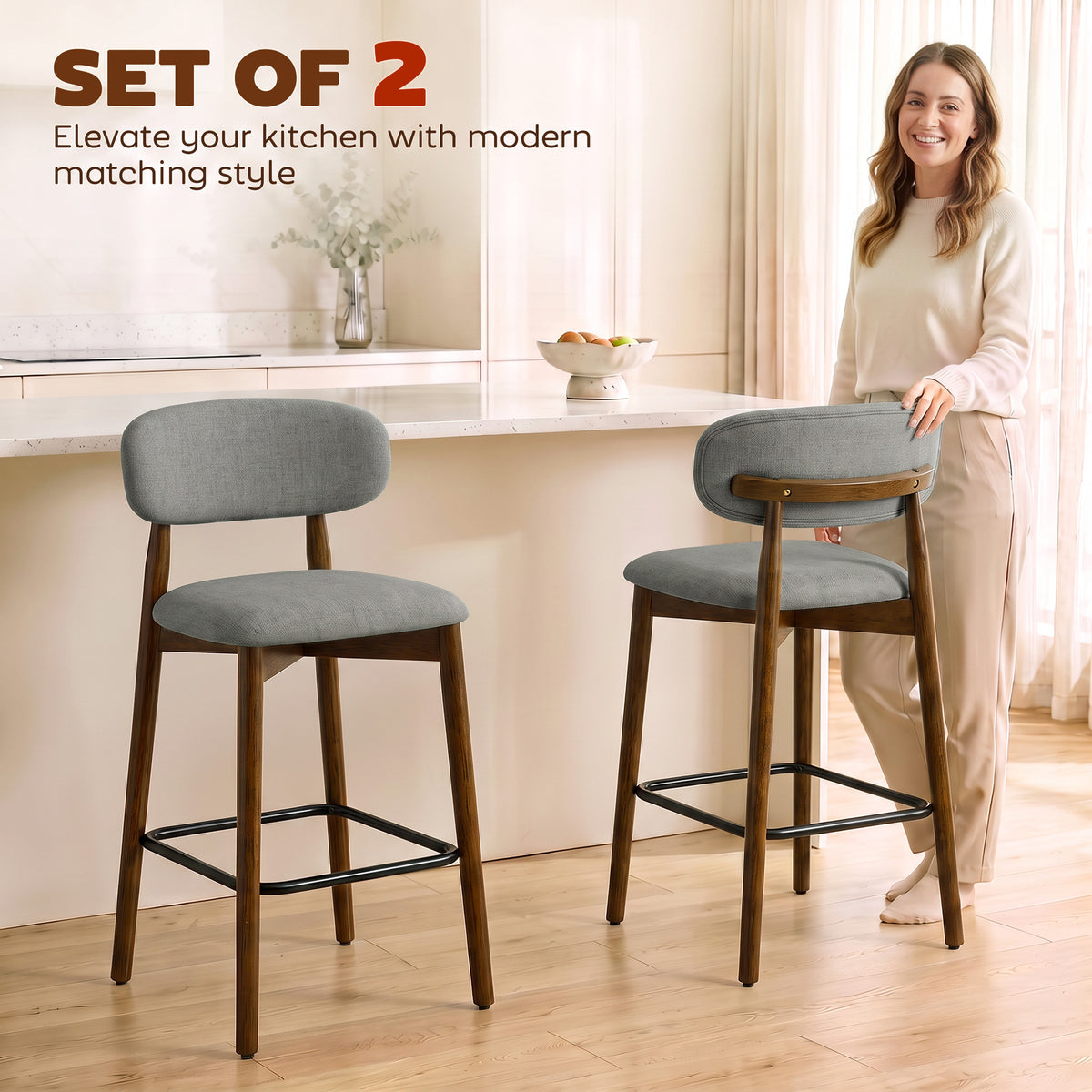 Set of 2 grey bar stools with curved backrest and dark metal footrest underframe
