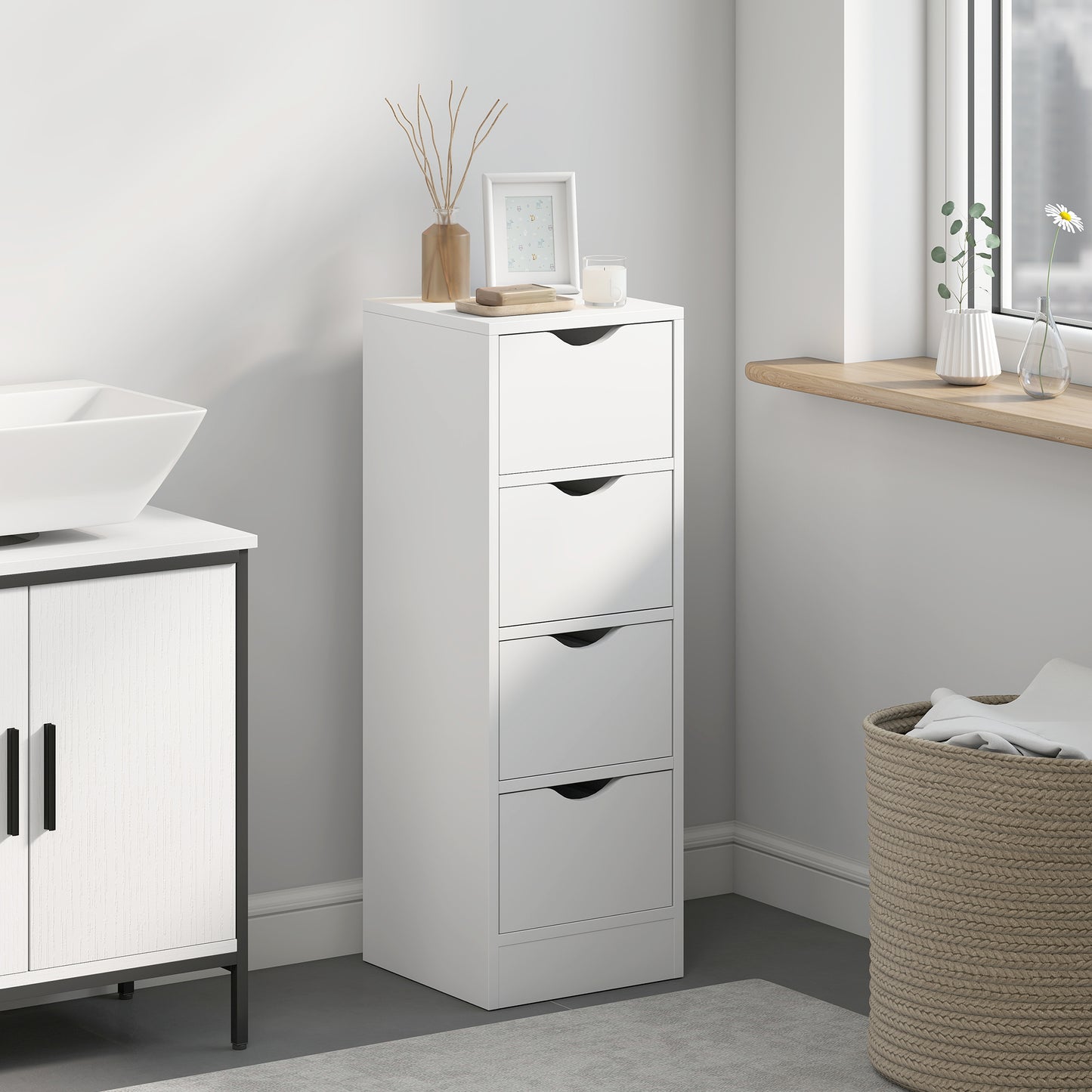 HOMCOM White 4 Drawer Bathroom Cabinet Freestanding Narrow Storage With Groove Handles For Small Spaces Nordic Style