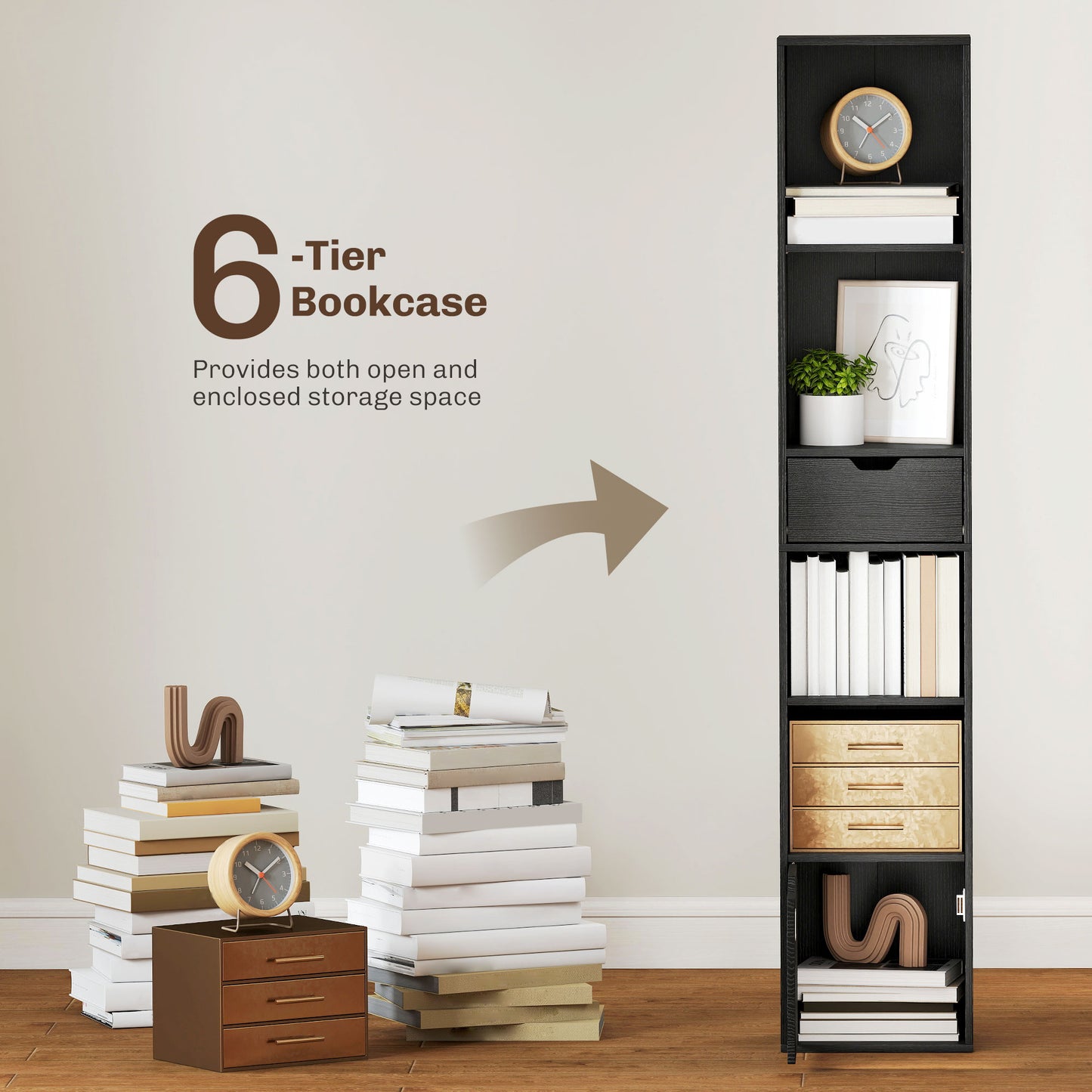 HOMCOM 6-Tier Tall Narrow Bookcase With Drawer And Door Black Finish Perfect For Small Living Rooms
