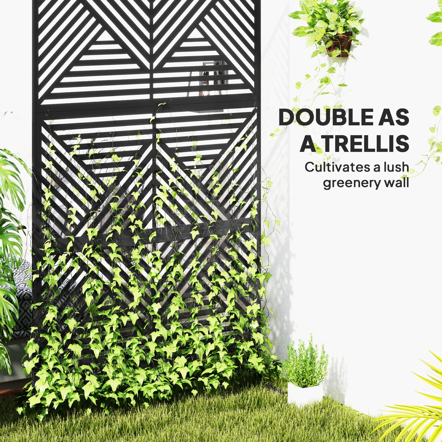 Outsunny 6.5ft Freestanding Metal Outdoor Privacy Screen With Stand Rhombus Style Black Garden Divider