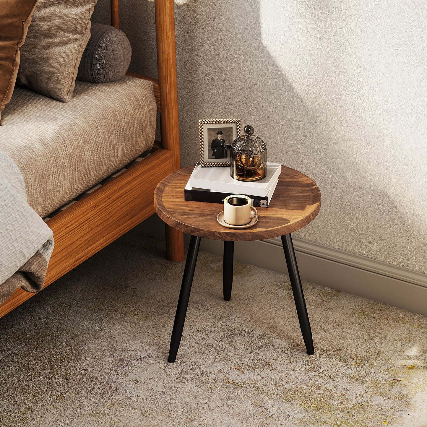 HOMCOM Modern Round Coffee Table With Steel Frame For Small Space Living Room And Bedroom Walnut Wood Effect