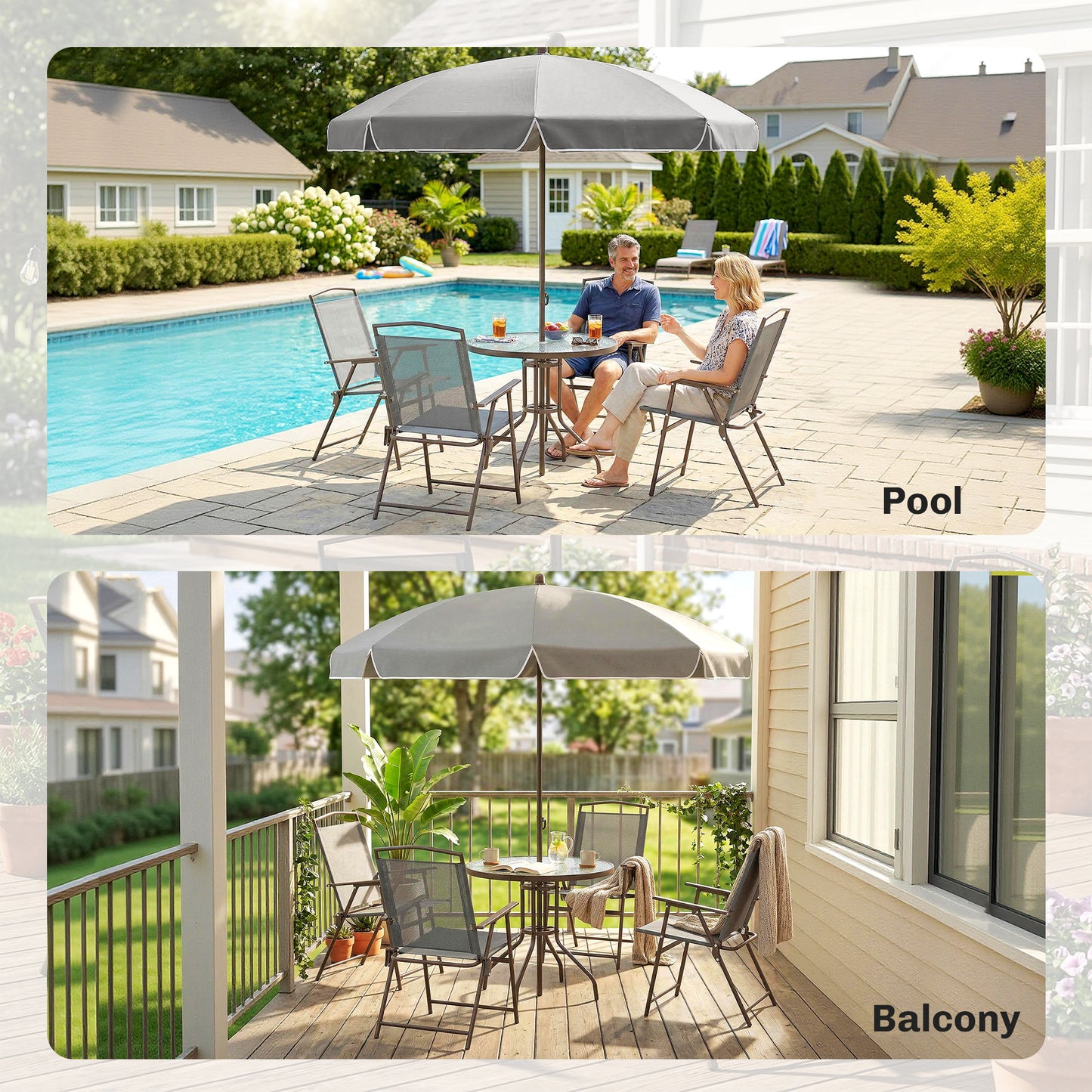 Outsunny 6 Piece Garden Dining Set With Umbrella Parasol Round Glass Table And 4 Folding Chairs In Dark Grey